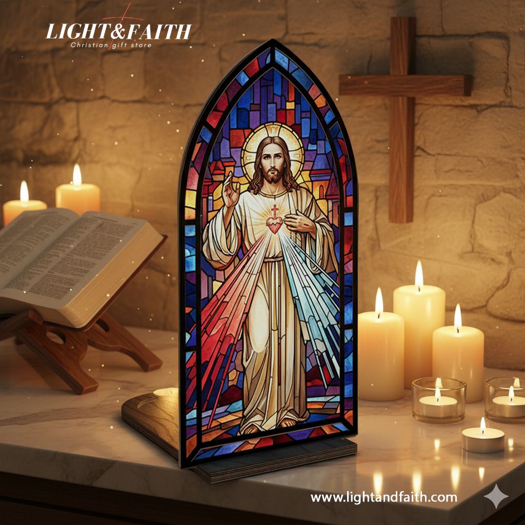 Sacred Heart Jesus Stained Glass Book Nook, Christian Home Decor, Religious Gift for Prayer Corner BNLAF01